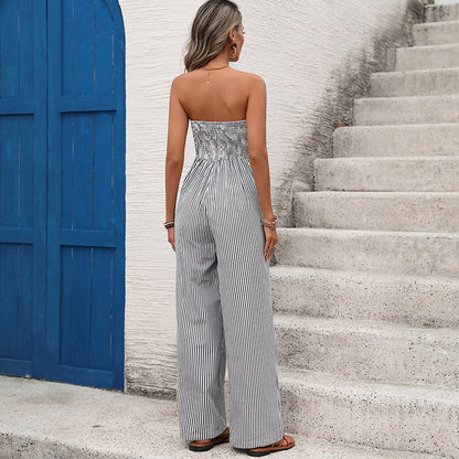 Striped Strapless Wide Leg Jumpsuit Resort Lounge Wear