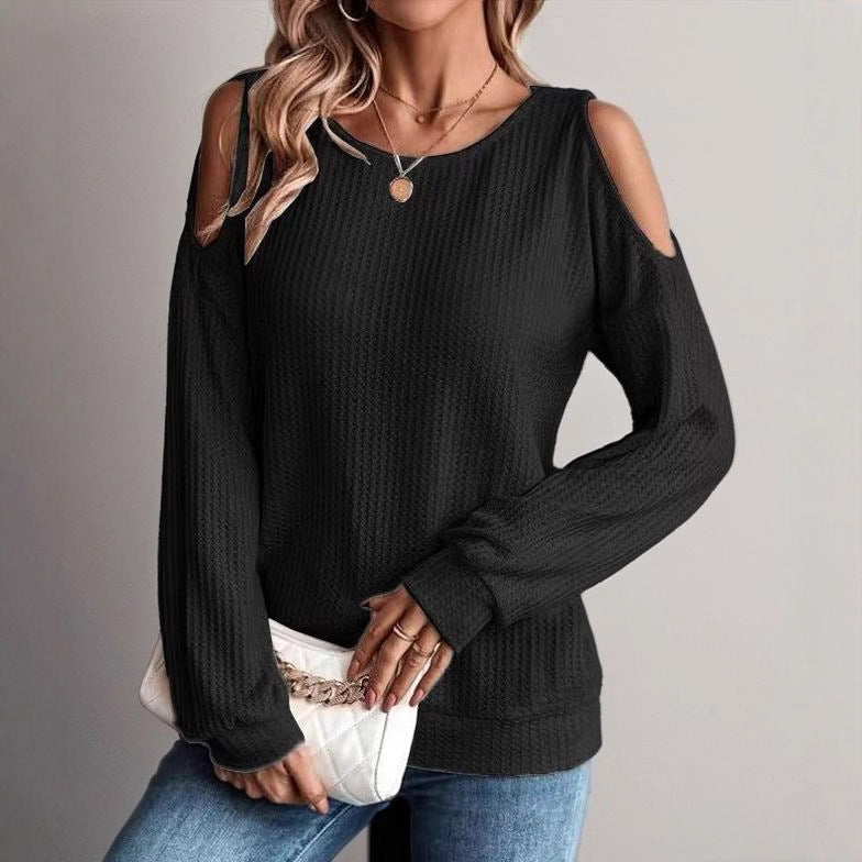 Women's Cold Shoulder Waffle Knit Long Sleeve Casual Top