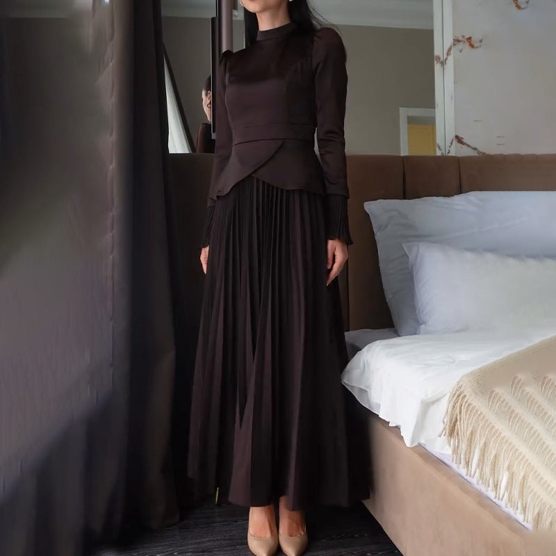 Mock Neck Tie Waist Top & Pleated Maxi Skirt Set