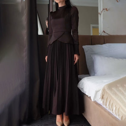Mock Neck Tie Waist Top & Pleated Maxi Skirt Set