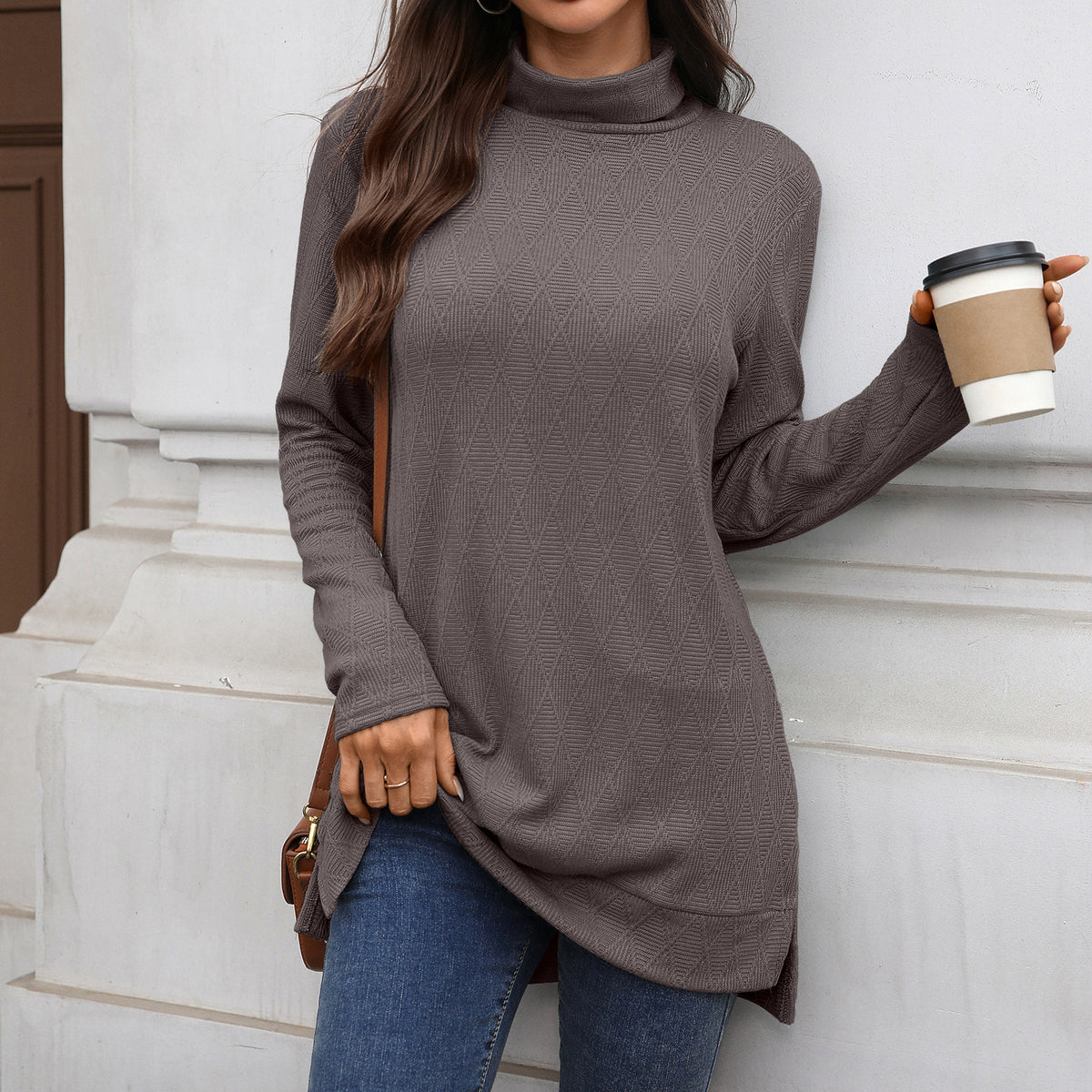 Women's Oversized Turtleneck Long Sleeve Tunic Side Slit