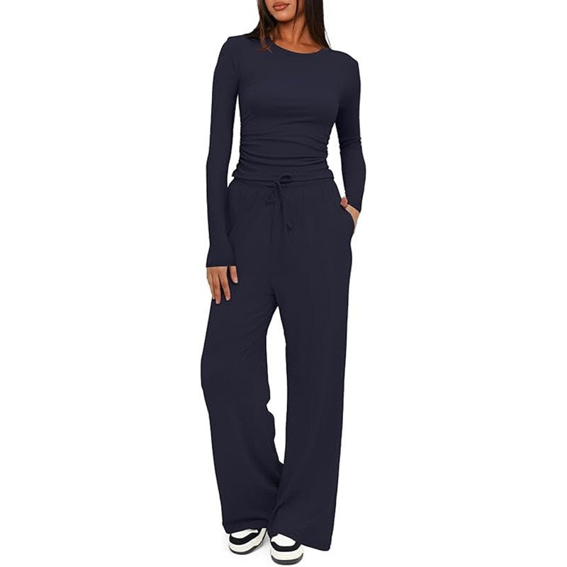 Women's Ruched Long Sleeve Top Wide Leg Pants Lounge Set