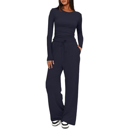 Women's Ruched Long Sleeve Top Wide Leg Pants Lounge Set