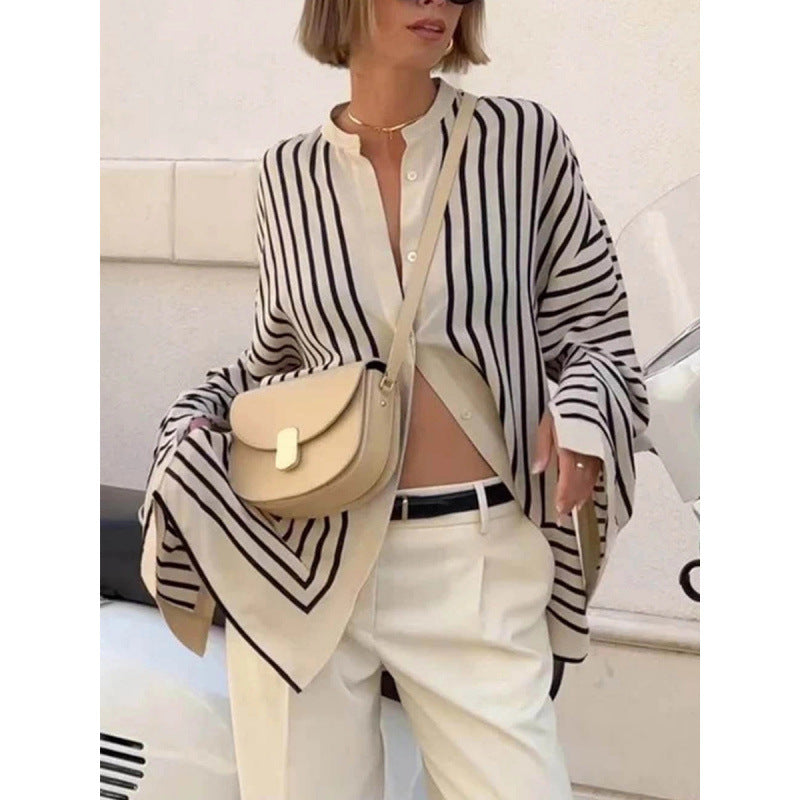 Women's Oversized Striped Long Sleeve Button Down Shirt