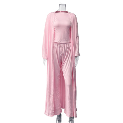Women's 3 Piece Lounge Set Crop Top Wide Leg Pants Duster