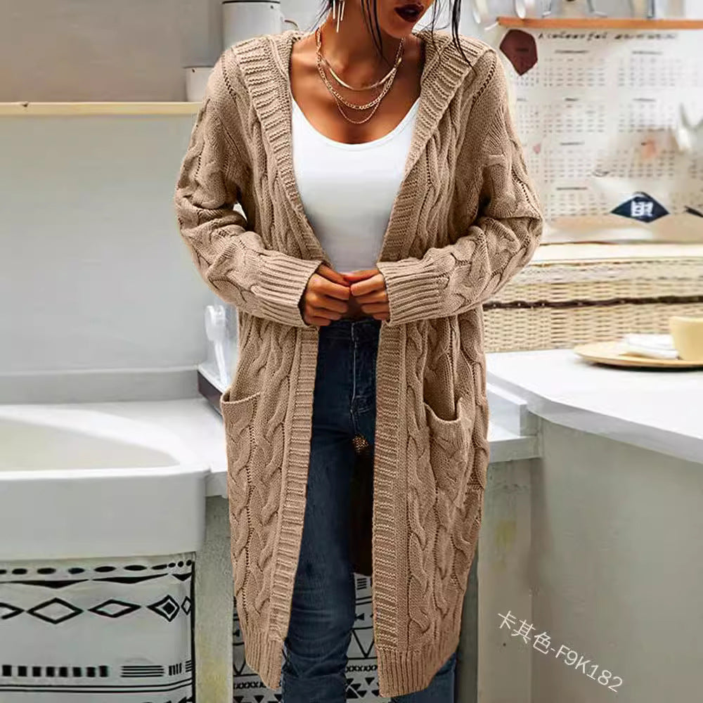 Women's Hooded Cable Knit Long Cardigan Open Front