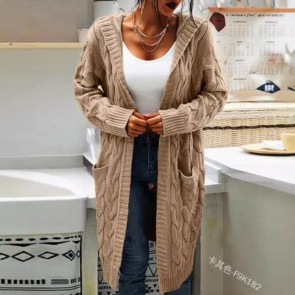 Women's Hooded Cable Knit Long Cardigan Open Front