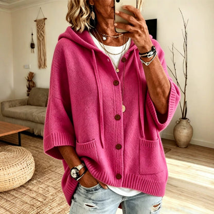 Women's Hooded Knit Cardigan Button Front Batwing Sleeve