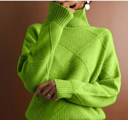 Chunky Turtleneck Sweater Diamond Pattern Pullover