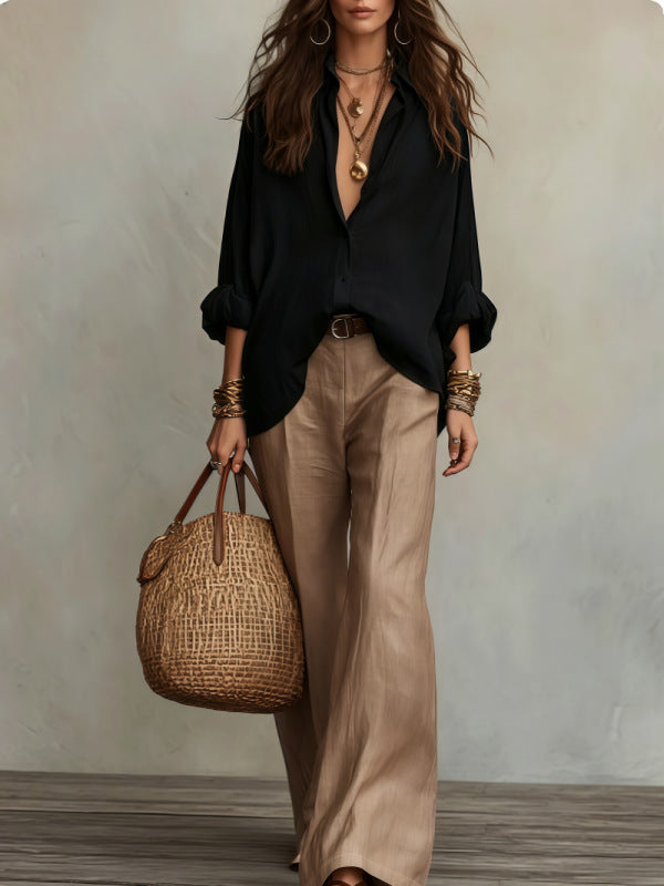 Womens Relaxed Button Down Shirt Wide Leg Pants Set