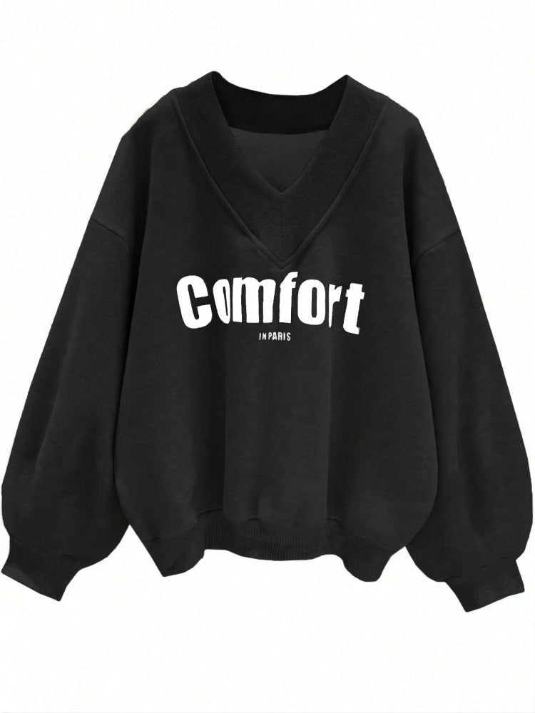 Womens Oversized V Neck Graphic Sweatshirt Bubble Sleeve