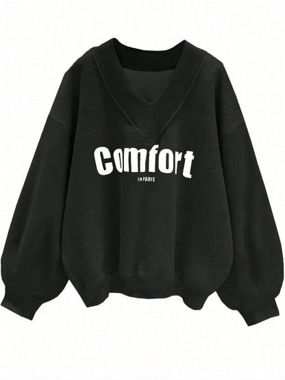 Womens Oversized V Neck Graphic Sweatshirt Bubble Sleeve