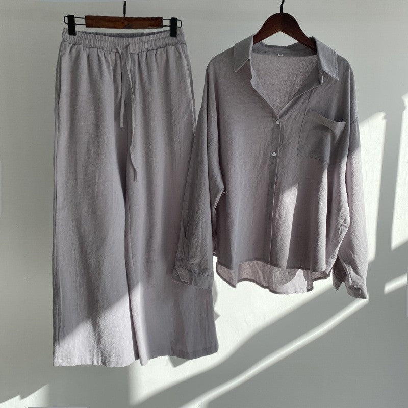 Linen Blend Button Shirt Wide Leg Pants Two Piece Set