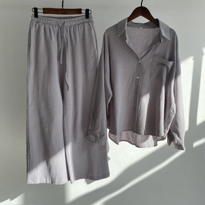 Linen Blend Button Shirt Wide Leg Pants Two Piece Set