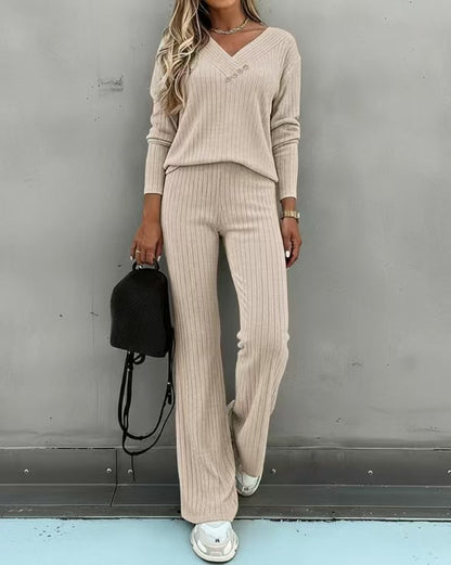 Women's Ribbed V-Neck Button Lounge Pants Set