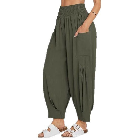 Women's Cotton Linen Harem Pants High Waist Pockets