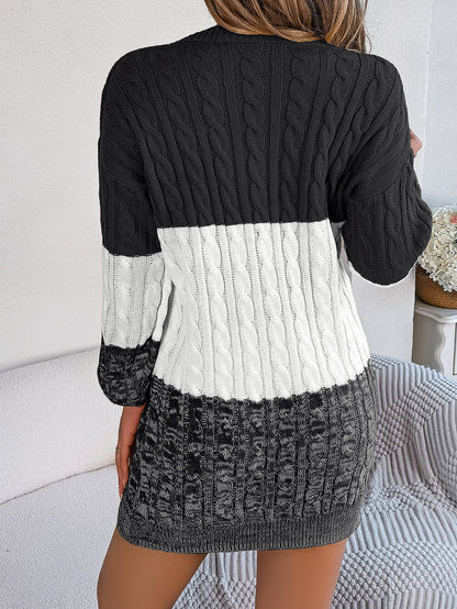 2025 Fall Winter Colorblock Cable Knit Lantern Sleeve Sweater Dress