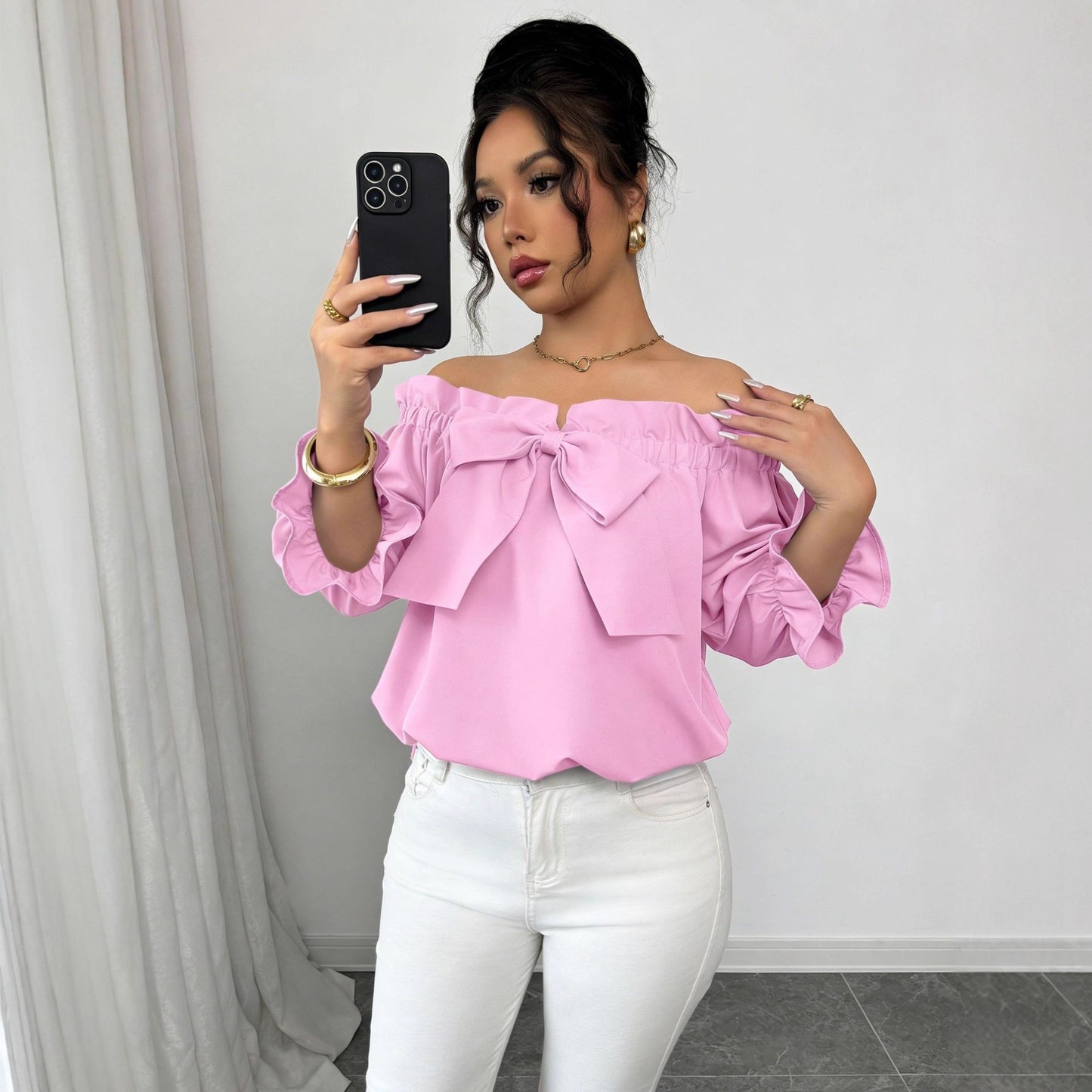 Bow Tie Ruffle Neck Blouse Puff Sleeve Dressy Casual Top