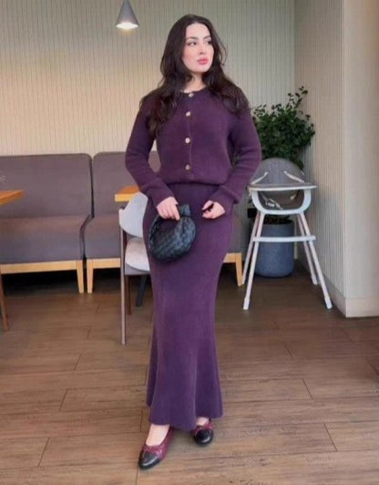 Fuzzy Button Cardigan Maxi Skirt Matching Set