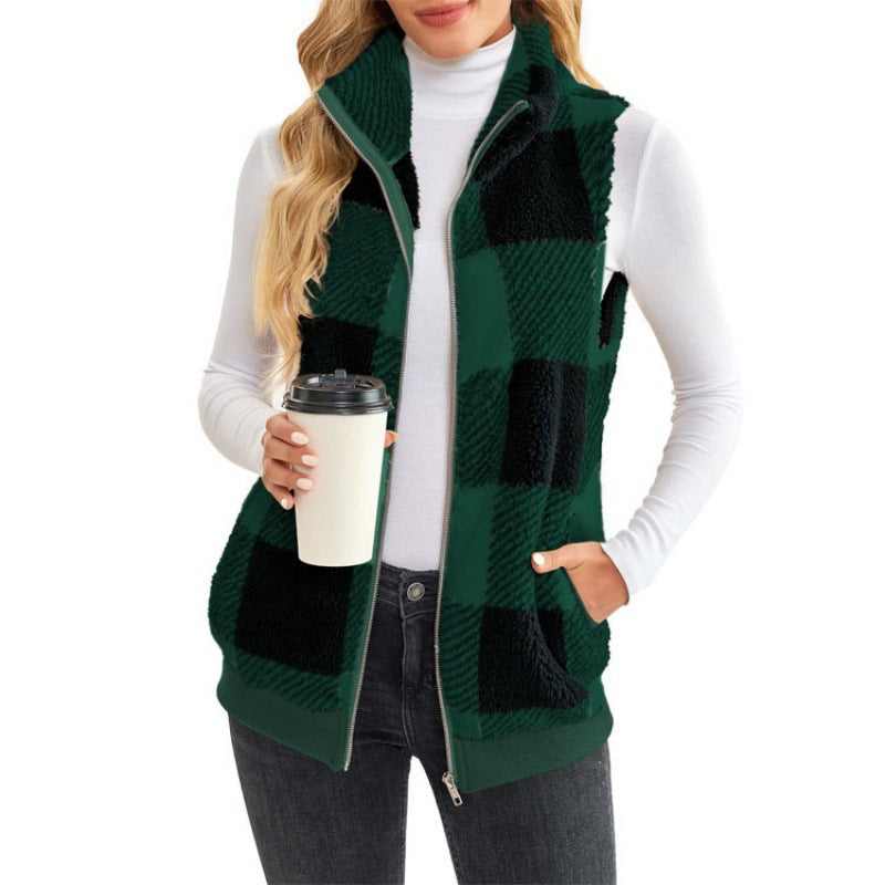 Womens Buffalo Plaid Sherpa Vest Zip Up Fleece Stand Collar