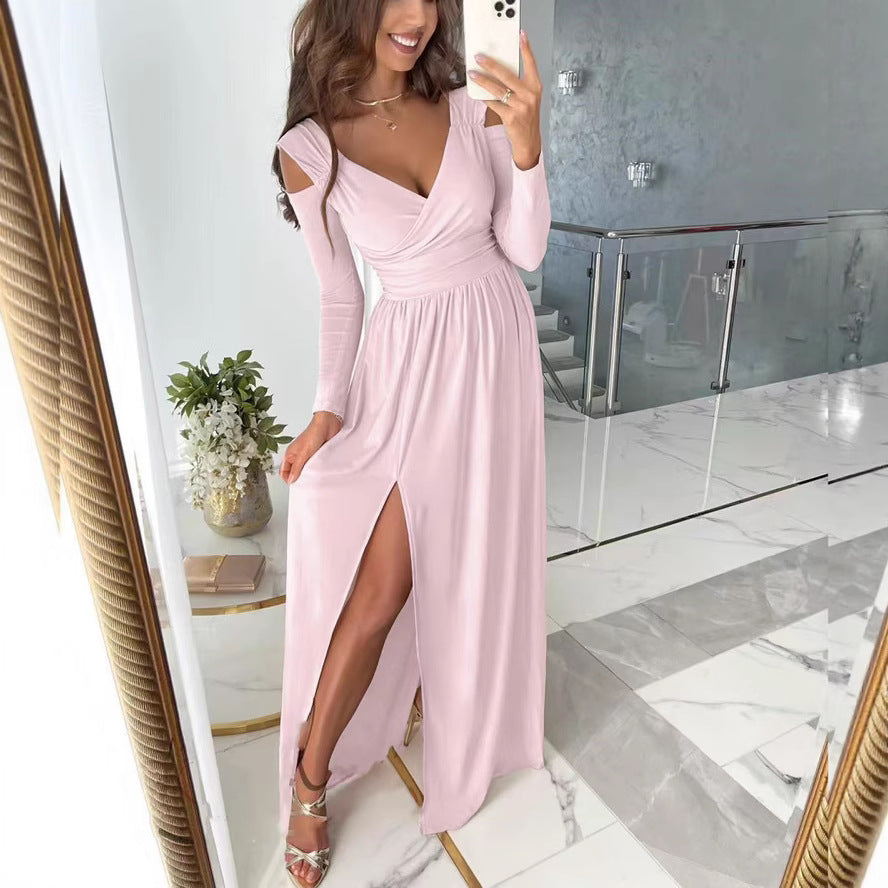 Women's V Neck Long Sleeve Cut Out Side Slit Maxi Dress
