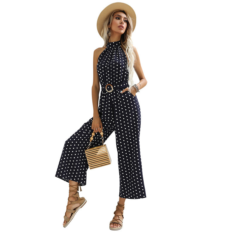 Polka Dot Halter Wide Leg Jumpsuit Vintage Resort Wear