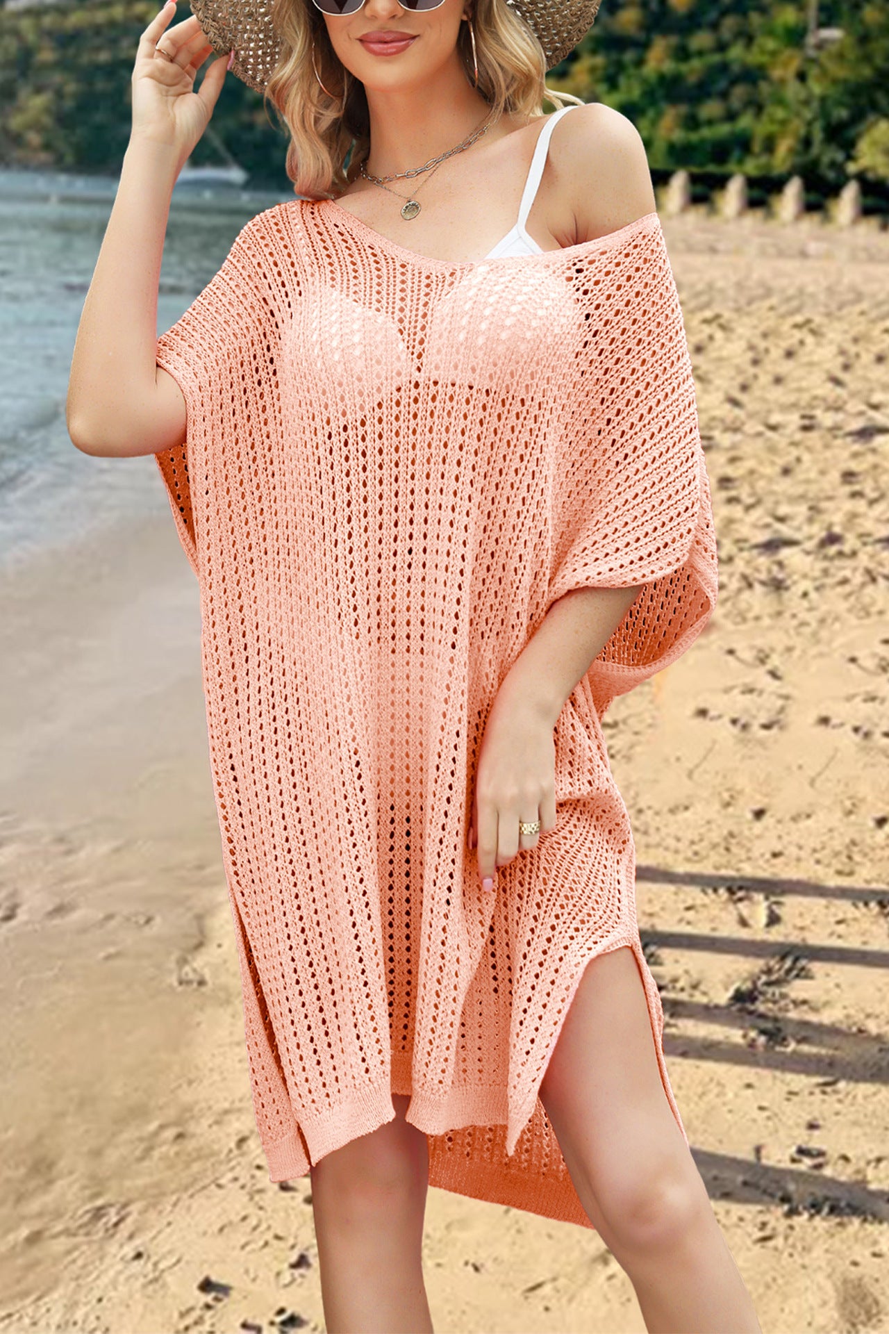 Crochet Swim Cover Up Dress V Neck Beach Knit Coverup