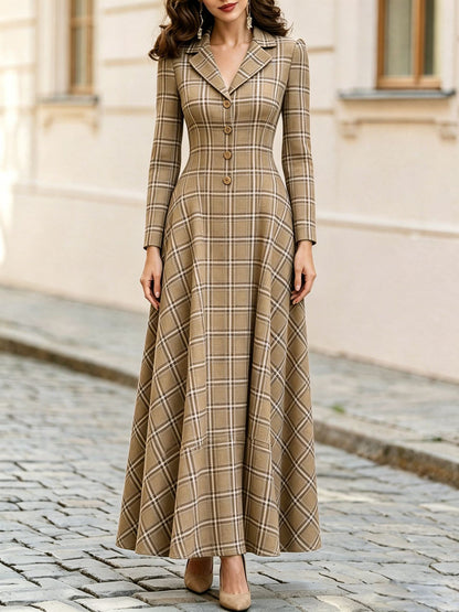 Elegant Plaid Blazer Dress Maxi Long Sleeve Button Front