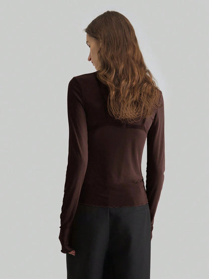Solid Mesh Turtleneck Top Long Sleeve Fitted Blouse