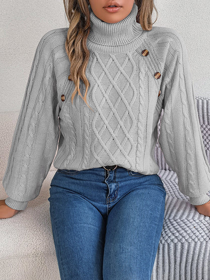 2025 Fall Winter Buttoned Cable Knit Turtleneck Sweater