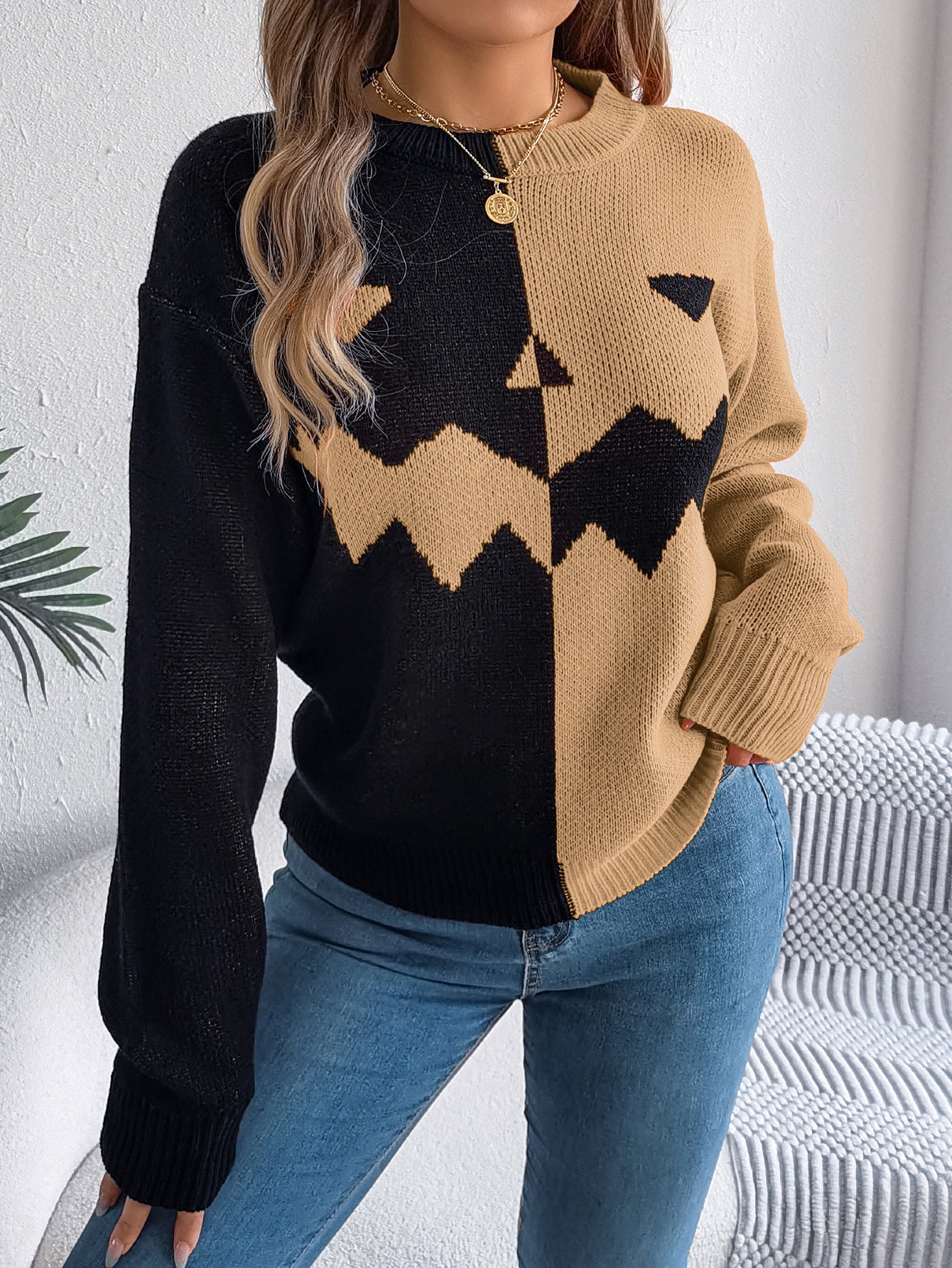 Women's Halloween Color Block Pumpkin Sweater
