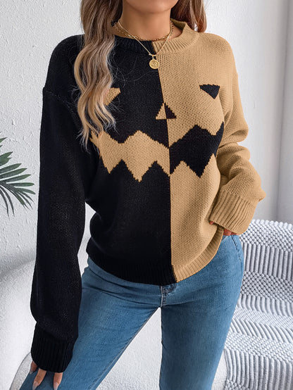 Women's Halloween Color Block Pumpkin Sweater