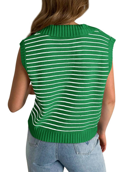 V-Neck Striped Knit Sweater, Casual Lapel Top