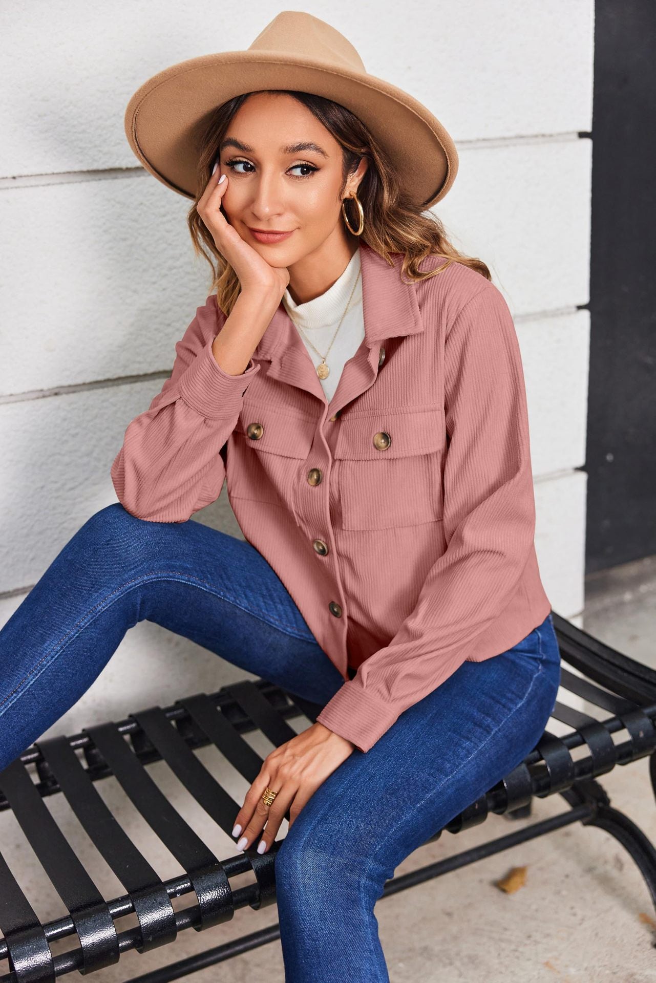 Women's Corduroy Cropped Shacket Button Down Jacket