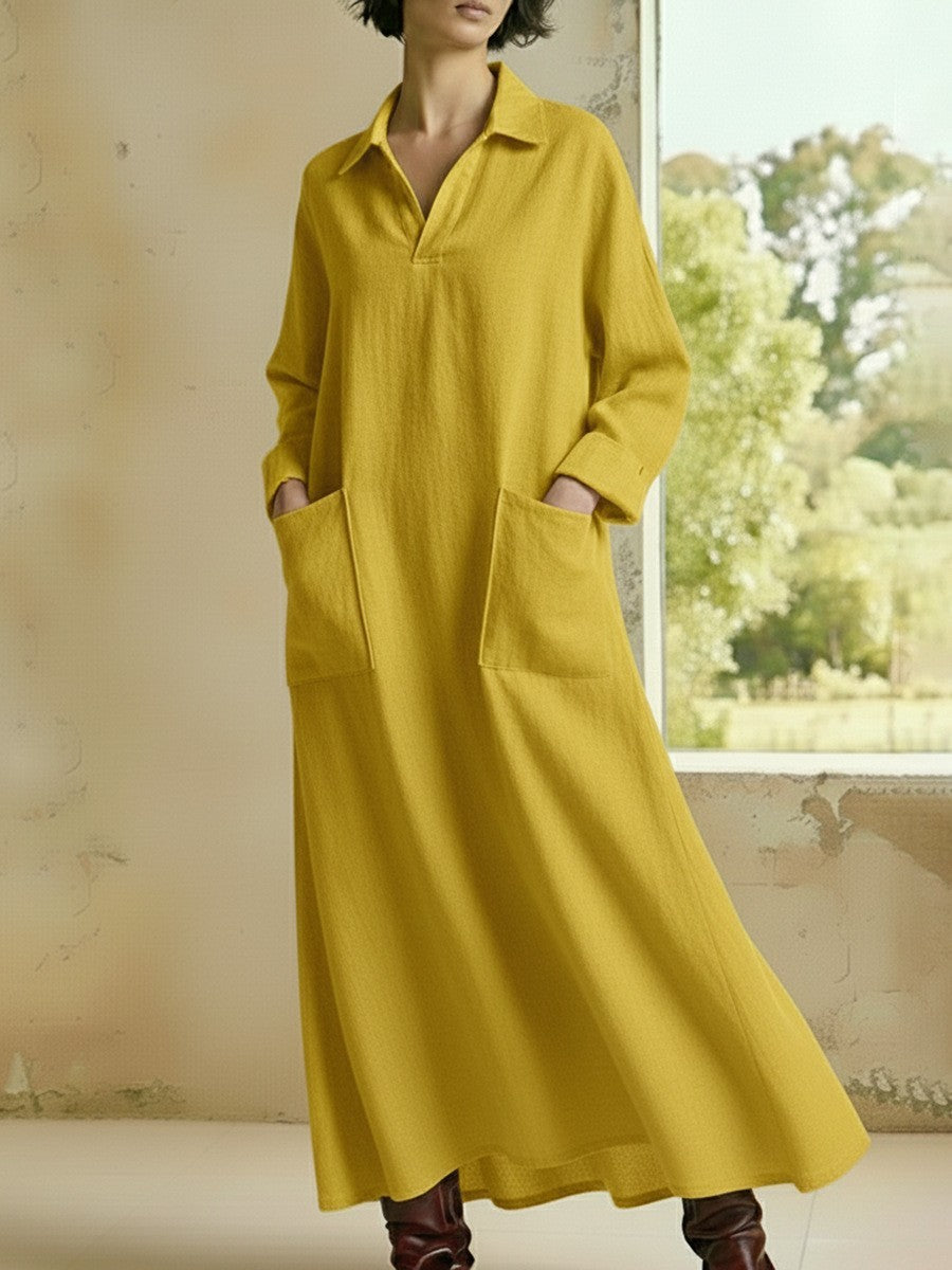 Women's Casual Long Sleeve Polo Maxi Dress with Pockets