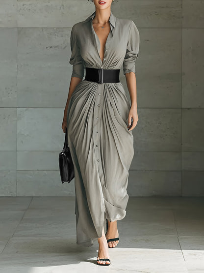 Collared Belted Maxi Shirt Dress Long Sleeve