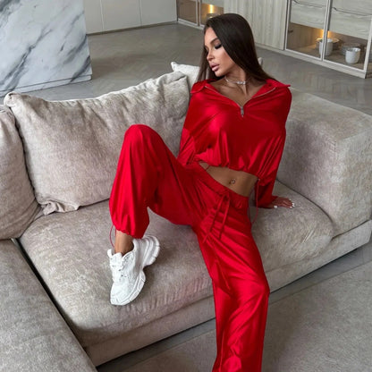 Women's Satin Zip Up Jacket Wide Leg Pants Two Piece Set