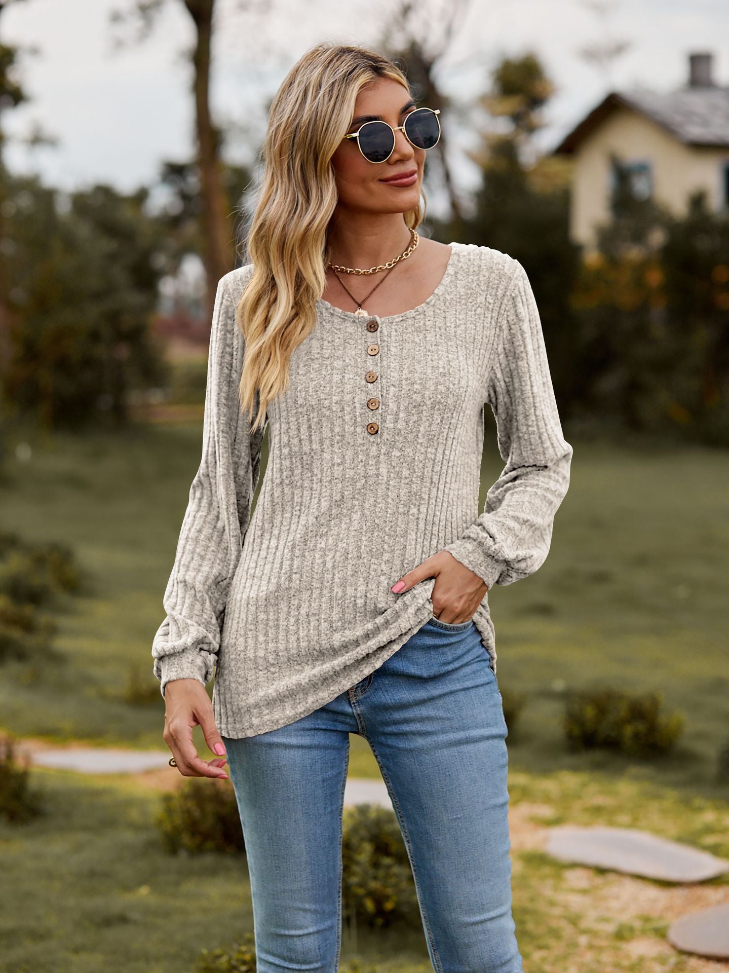 Ribbed Button Front Long Sleeve Knit Top for Women