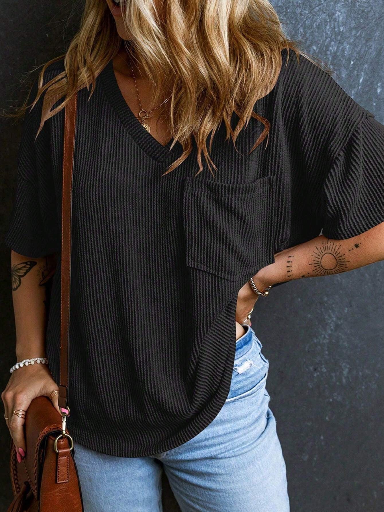 Ribbed V Neck Pocket Tee Short Sleeve Casual Top
