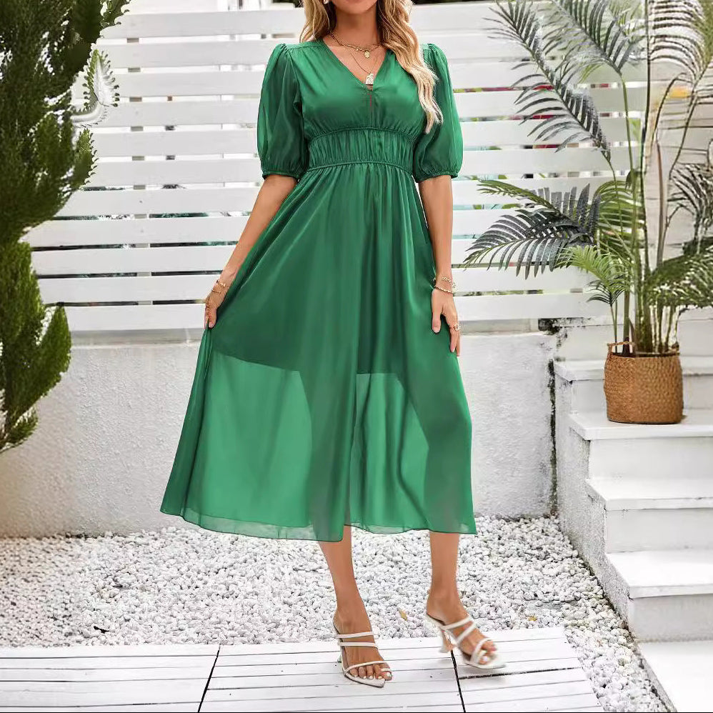 Women's Puff Sleeve V-Neck Smocked Waist Maxi Dress