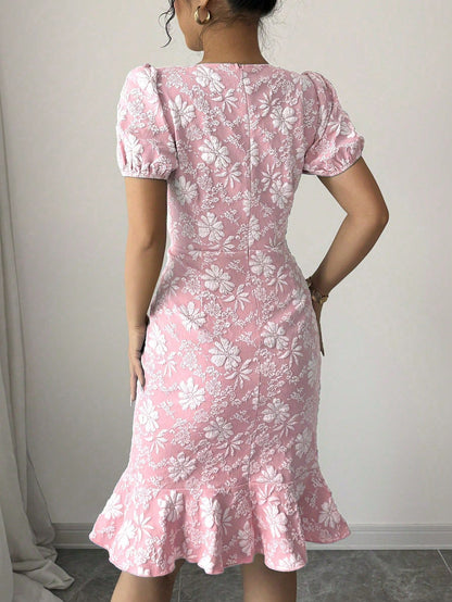 Short Sleeve Round Neck Slim Fit Office Dress