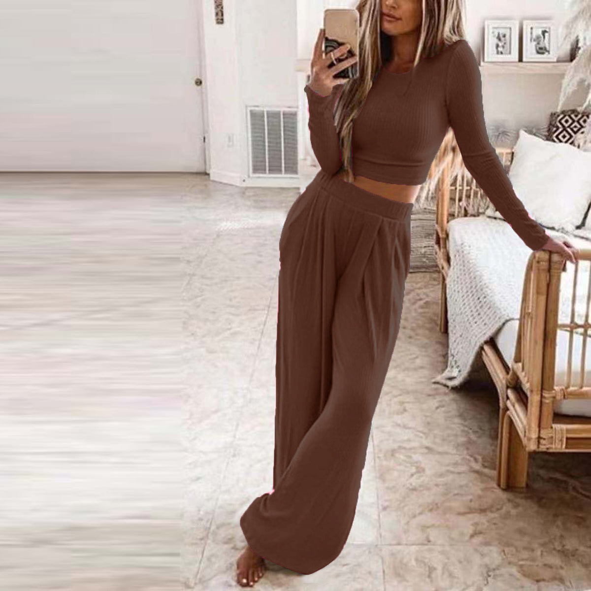 Women's Ribbed Crop Top and Wide Leg Pants Lounge Set