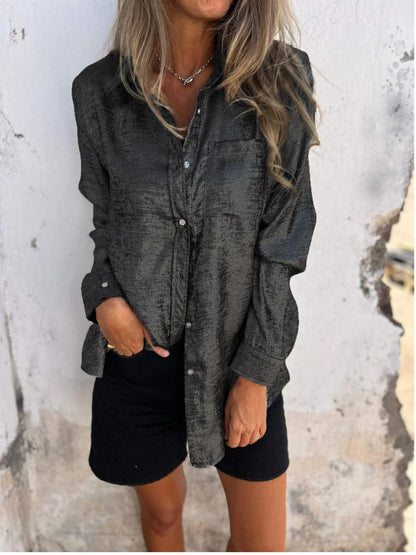 Women's Metallic Suede Button Down Shirt Long Sleeve Tunic