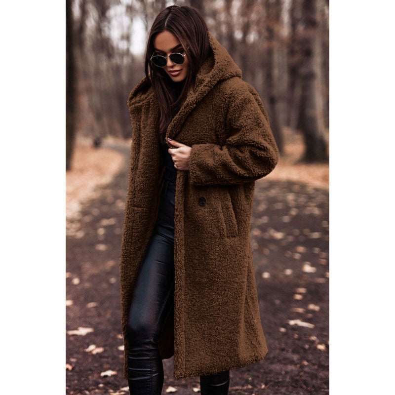 Womens Oversized Long Teddy Coat Lapel Button Jacket