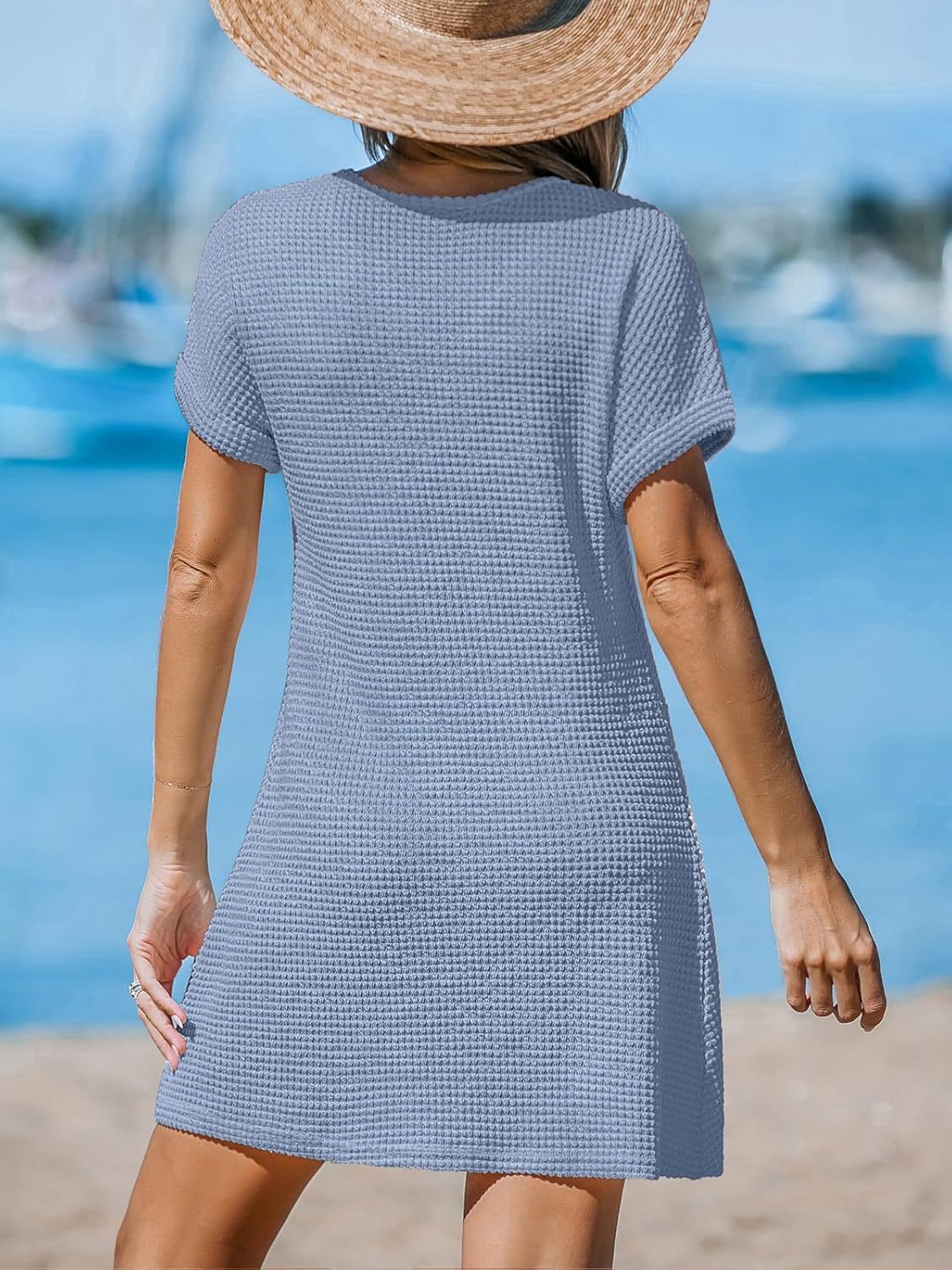 Waffle Knit V-Neck Short Sleeve Beach Cover Up Dress