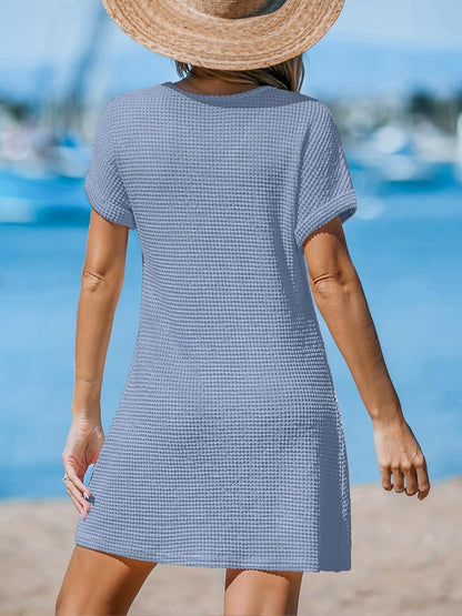 Waffle Knit V-Neck Short Sleeve Beach Cover Up Dress