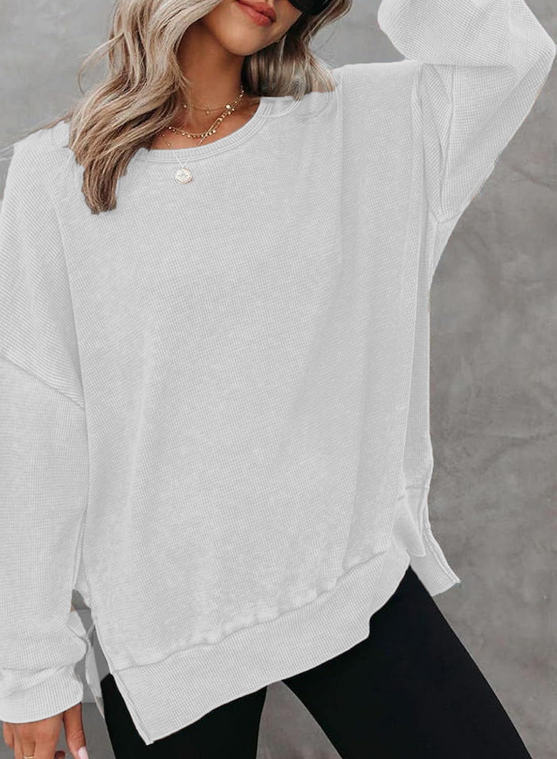 Waffle Split Hem Sweatshirt Women Casual Long Sleeve Top