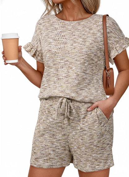 Textured Knit Lounge Set Ruffle Sleeve Drawstring