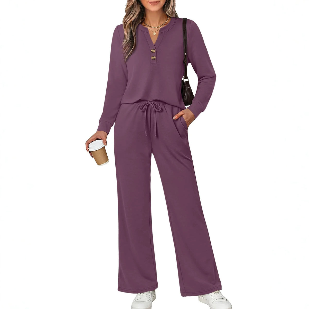 Women's 2 Piece Lounge Set Henley Top Wide Leg Pants