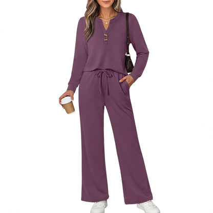 Women's 2 Piece Lounge Set Henley Top Wide Leg Pants
